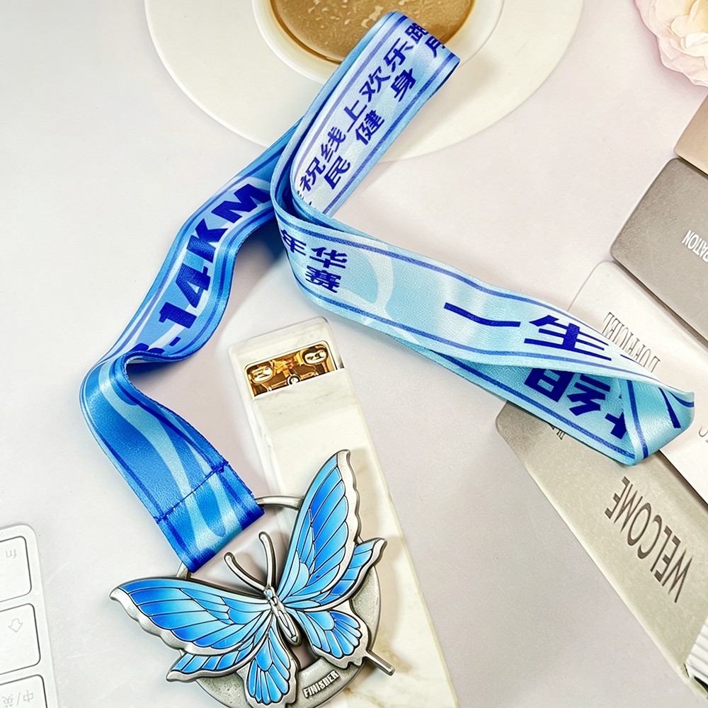 Custom Butterfly Antique Silver Finisher Medal – Zinc Alloy Die-Cast | UV Printed Blue Gradient Wing Design | Virtual Run Commemorative Award