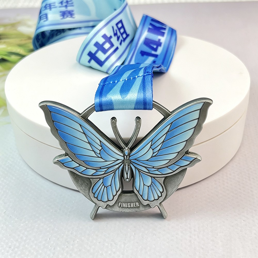 Custom Butterfly Antique Silver Finisher Medal – Zinc Alloy Die-Cast | UV Printed Blue Gradient Wing Design | Virtual Run Commemorative Award