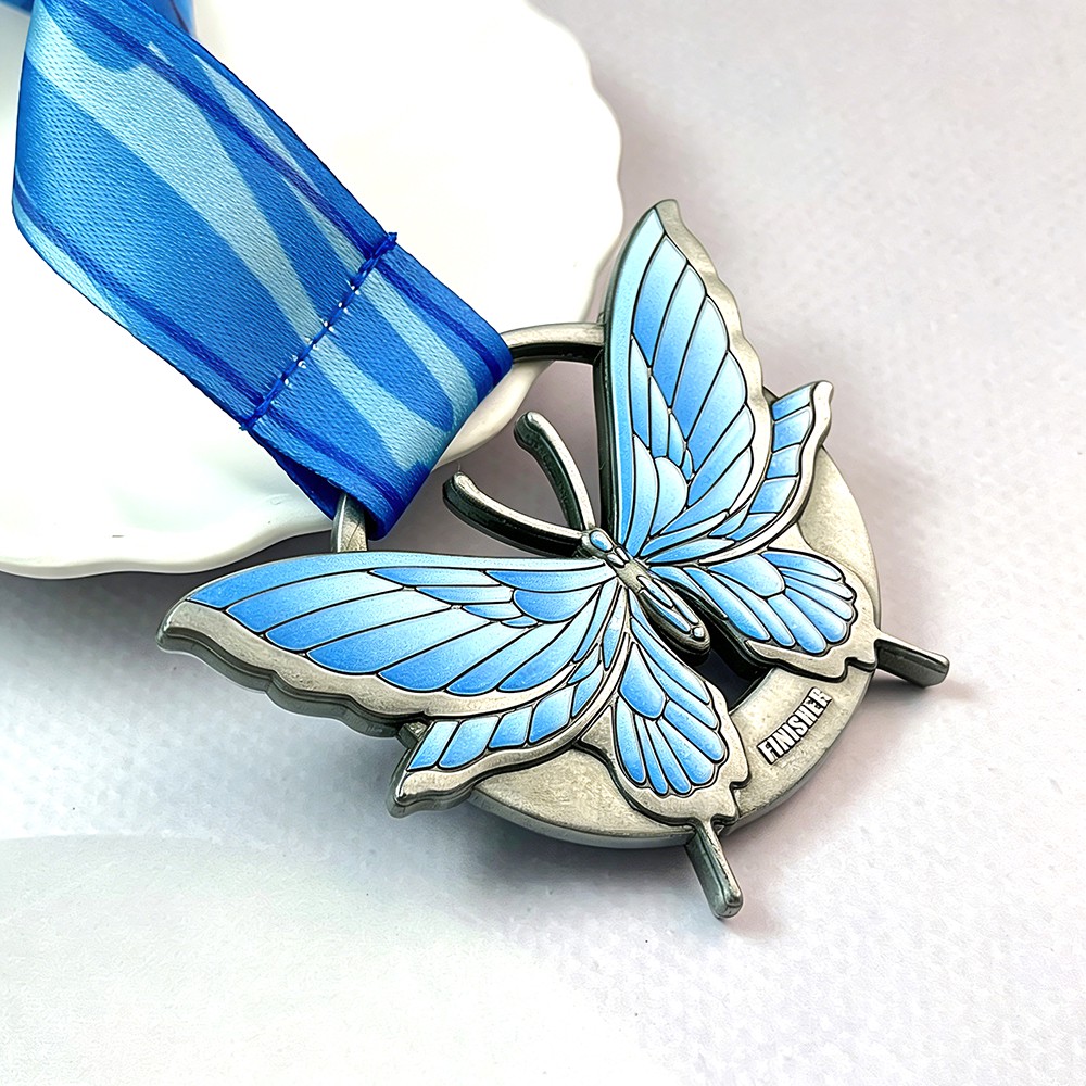 Custom Butterfly Antique Silver Finisher Medal – Zinc Alloy Die-Cast | UV Printed Blue Gradient Wing Design | Virtual Run Commemorative Award