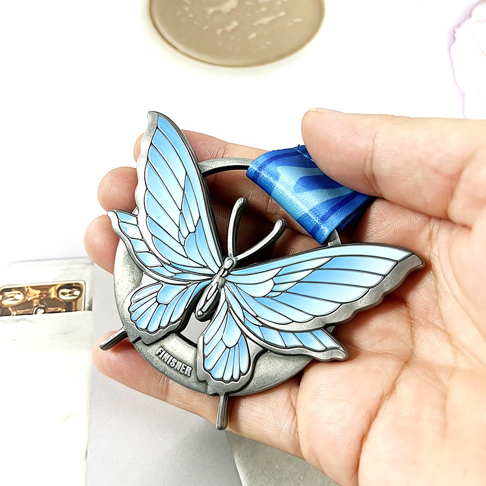 Custom Butterfly Antique Silver Finisher Medal – Zinc Alloy Die-Cast | UV Printed Blue Gradient Wing Design | Virtual Run Commemorative Award