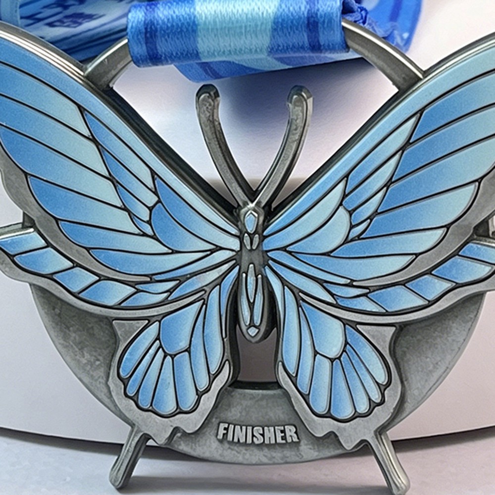 Custom Butterfly Antique Silver Finisher Medal – Zinc Alloy Die-Cast | UV Printed Blue Gradient Wing Design | Virtual Run Commemorative Award