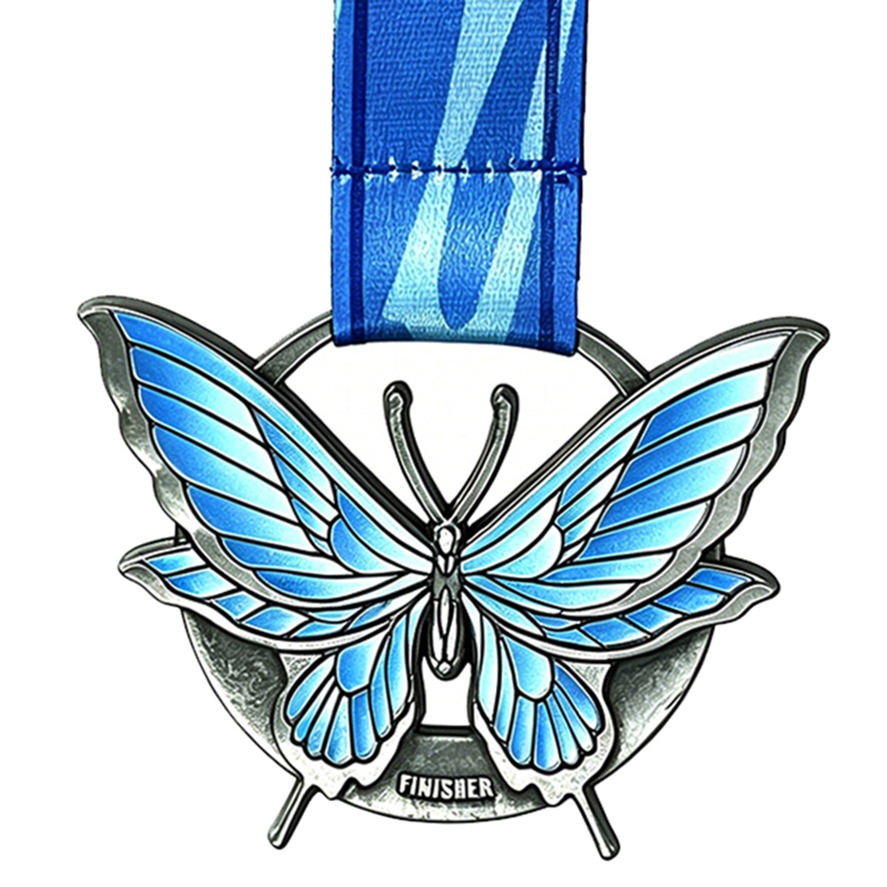 Custom Butterfly Antique Silver Finisher Medal – Zinc Alloy Die-Cast | UV Printed Blue Gradient Wing Design | Virtual Run Commemorative Award