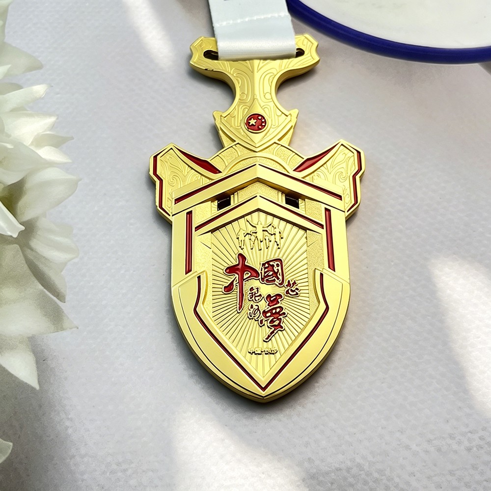 Custom Gold Shield Medal – Zinc Alloy Gold Plated | Chinese Dream Theme with Crown & Star Design | Corporate Honor Award