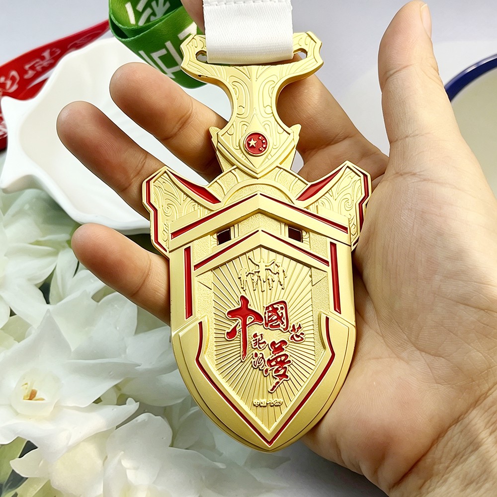 Custom Gold Shield Medal – Zinc Alloy Gold Plated | Chinese Dream Theme with Crown & Star Design | Corporate Honor Award