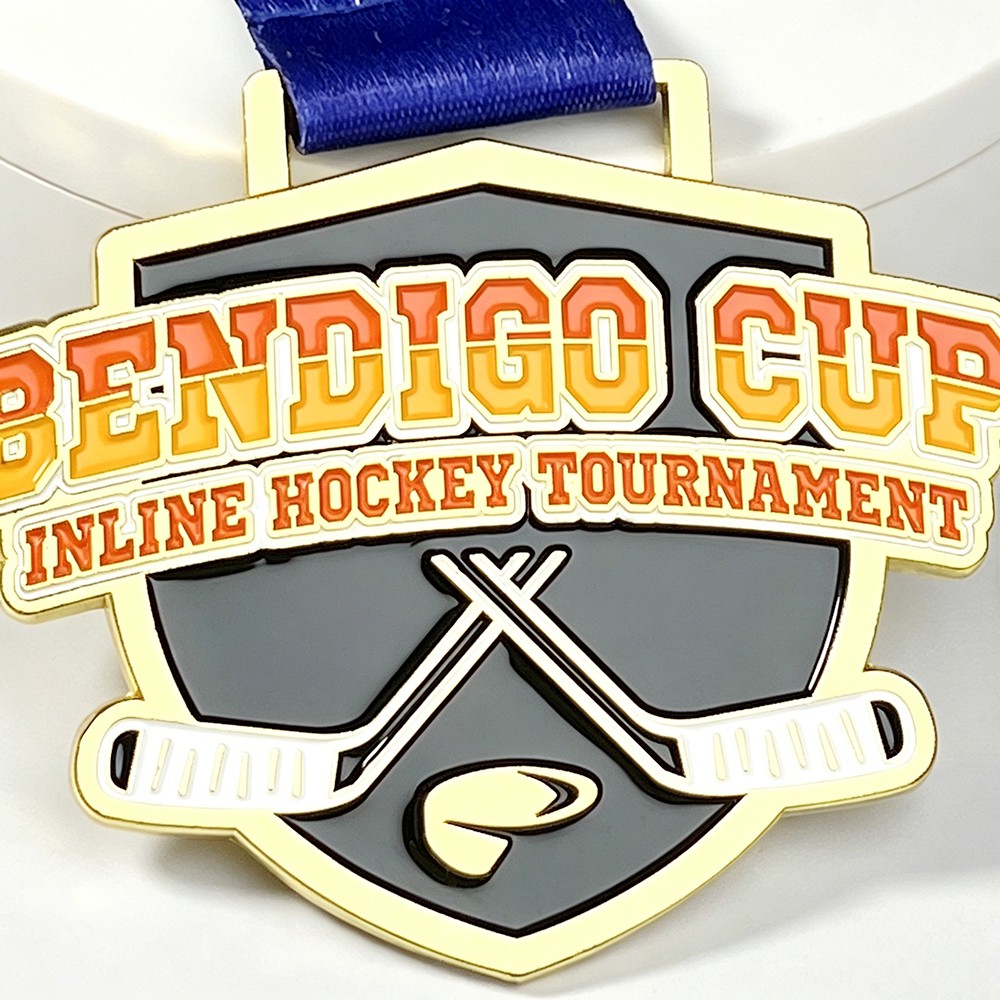 Custom Bendigo Cup Inline Hockey Tournament Medal – Zinc Alloy Gold Plated | Shield Shape with Crossed Hockey Sticks Design | Championship Award
