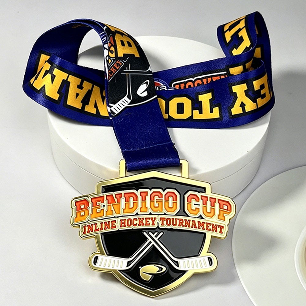 Custom Bendigo Cup Inline Hockey Tournament Medal – Zinc Alloy Gold Plated | Shield Shape with Crossed Hockey Sticks Design | Championship Award