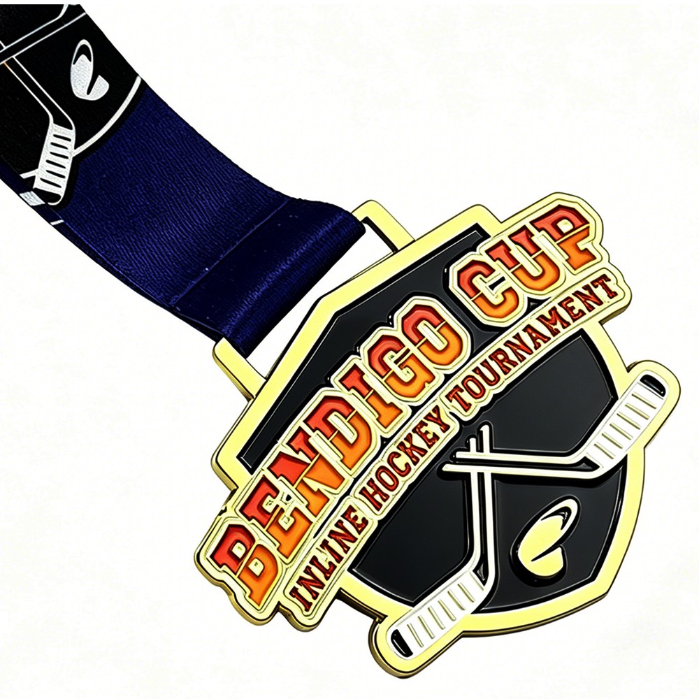 Custom Bendigo Cup Inline Hockey Tournament Medal – Zinc Alloy Gold Plated | Shield Shape with Crossed Hockey Sticks Design | Championship Award