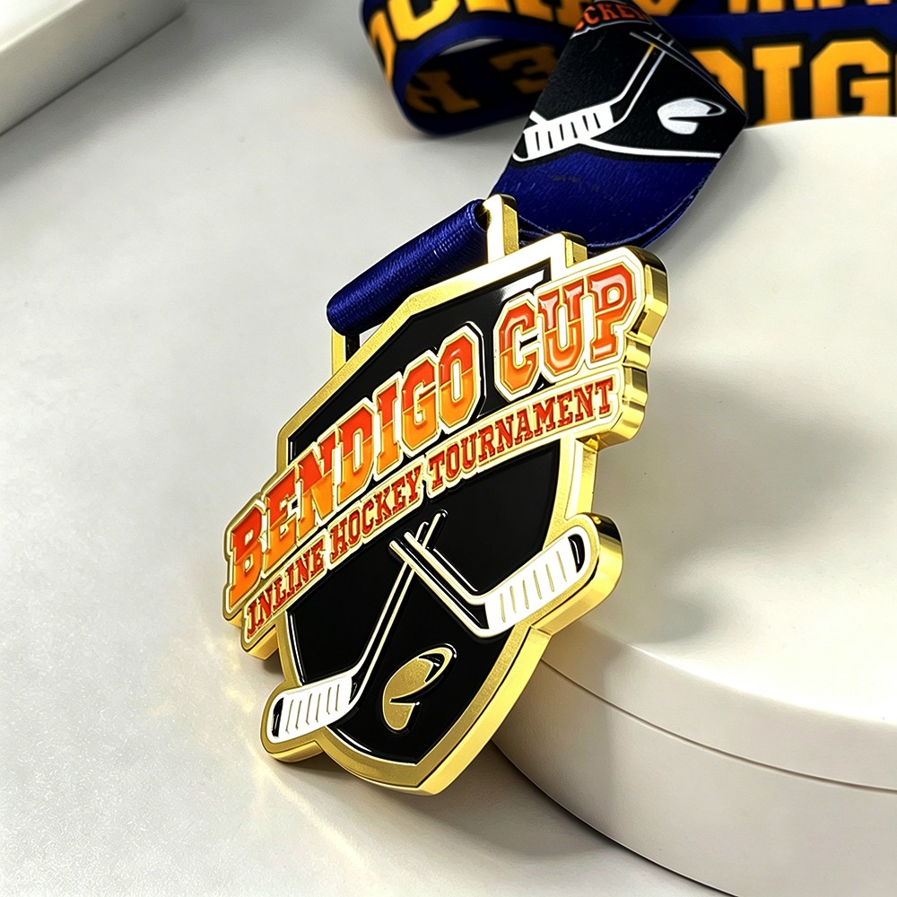 Custom Bendigo Cup Inline Hockey Tournament Medal – Zinc Alloy Gold Plated | Shield Shape with Crossed Hockey Sticks Design | Championship Award