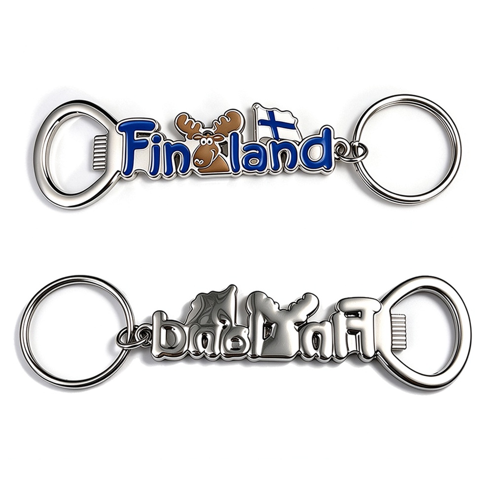 Front and back view of custom Finland souvenir metal bottle opener keychain