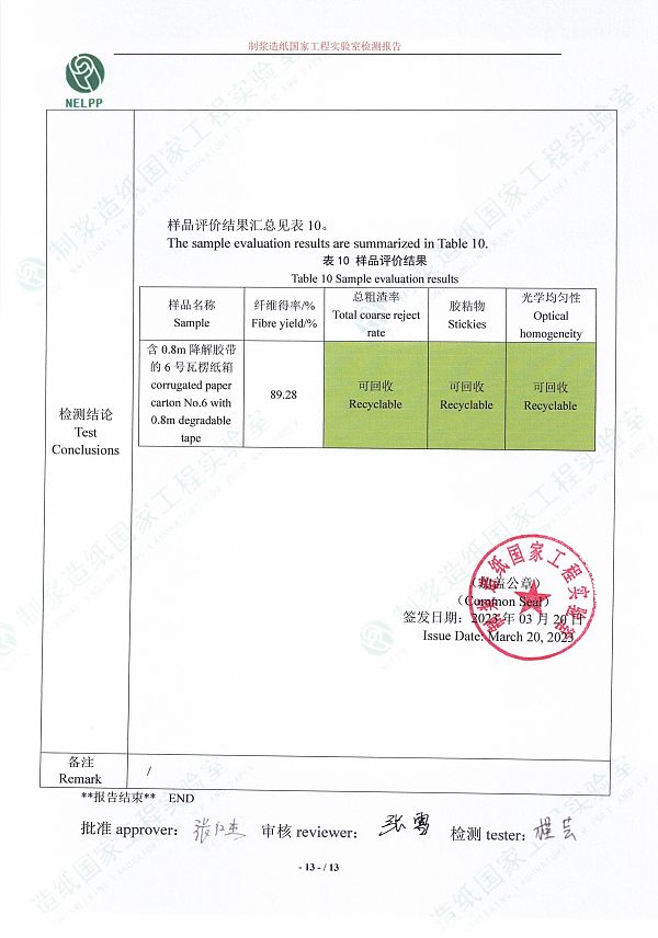 含0.8m降解胶带6号瓦楞纸箱可回收性测试报告-安徽华意-13
