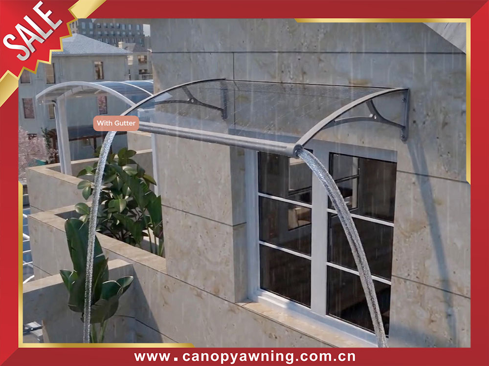 DIY polycarbonate window door awning canopy shelter with aluminum bracket support arm with gutter water channel