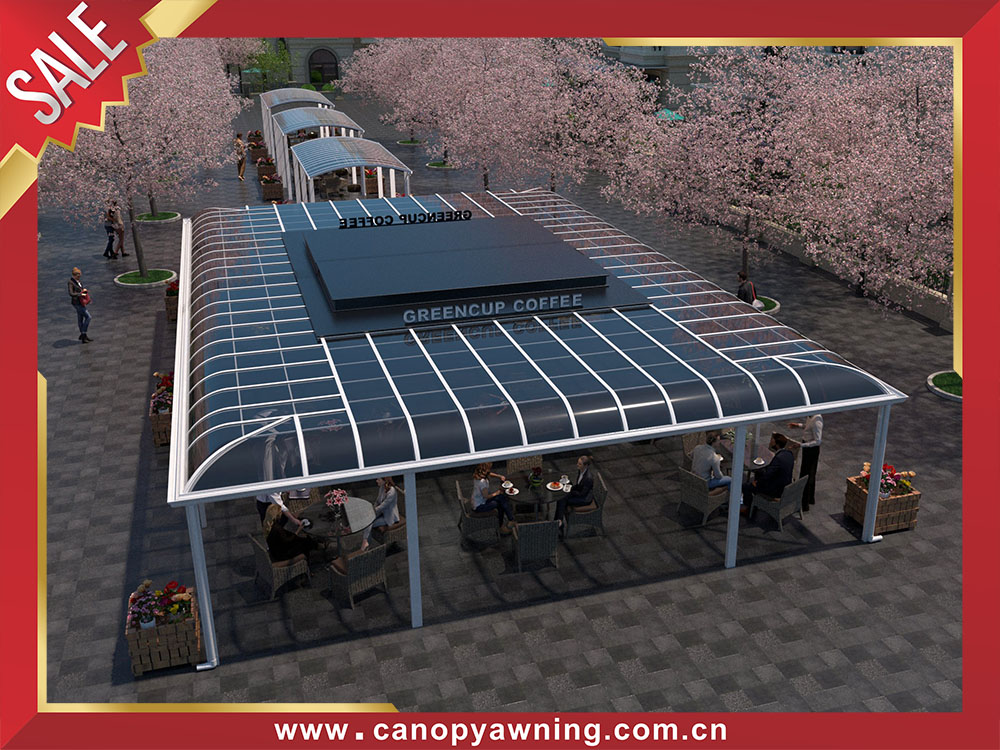 Excellent outdoor polycarbonate aluminium sun rain canopy awning shelter for canteen coffee shop