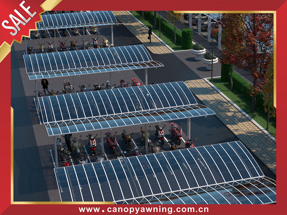 Outdoor public aluminum polycarbonate park motorcycle bicycle bike canopy awning shelter for the shopping mall