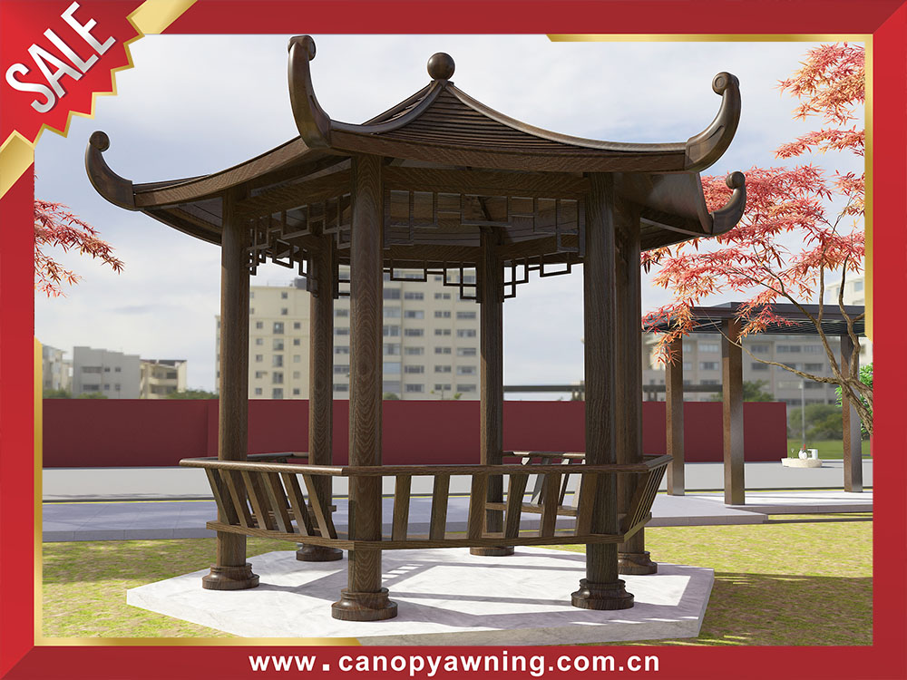 Outdoor backyard courtyard antique Chinese style wood look aluminium pavilion shelter gazebo for sale