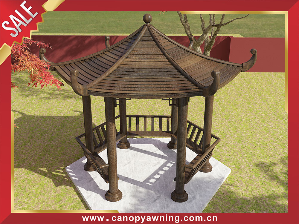Outdoor backyard courtyard antique Chinese style wood look aluminium pavilion shelter gazebo for sale