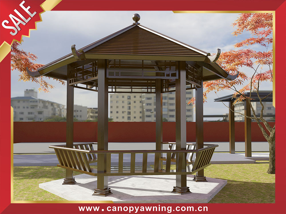 Garden backyard courtyard antique Chinese style wood look aluminum pavilion gazebo shelter for sales