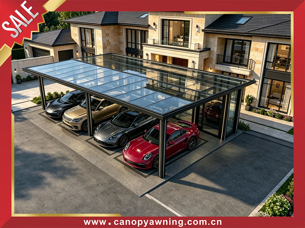 Modern high end luxurious outdoor backyard aluminuim glass parking four cars shelter canopy awning garage carport