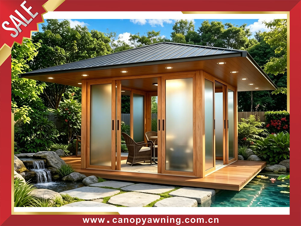 outdoor garden backyard aluminum wood look enclosure cabin shed tiny house pavilion gazebo
