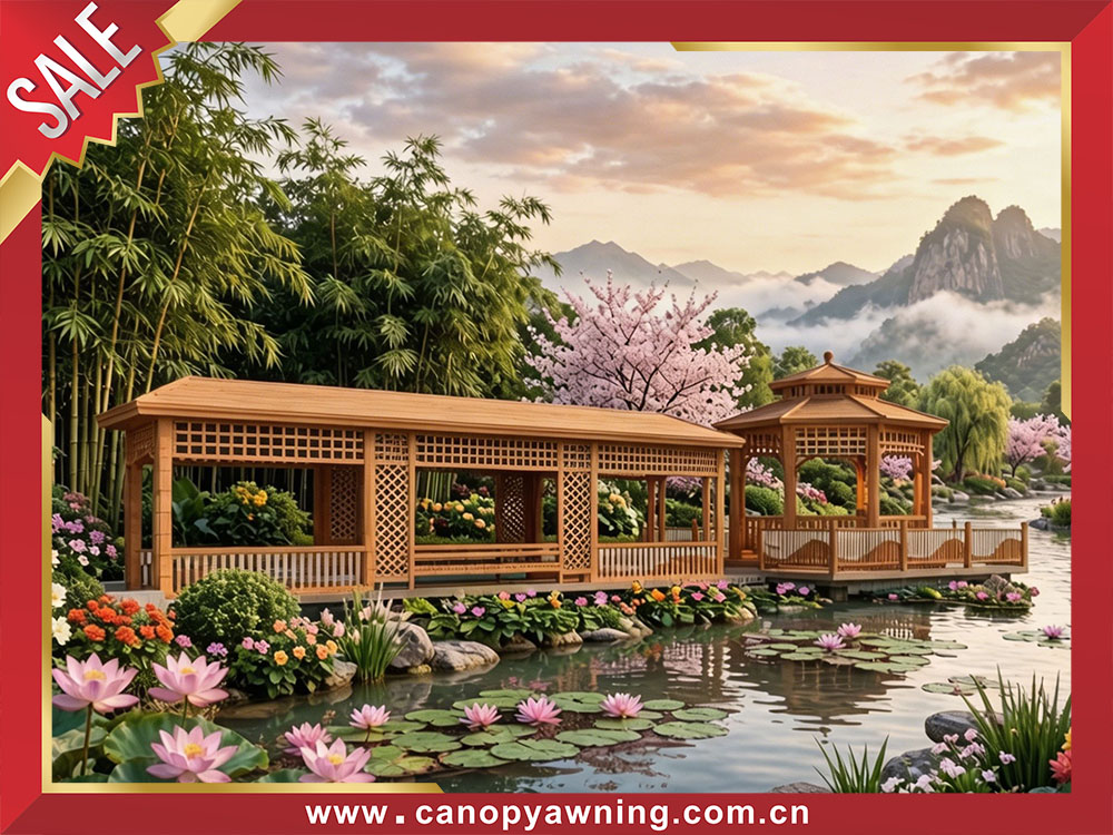 Beautiful garden backyard courtyard Chinese classical style wood look aluminum canopy pavilion gazebo shelter