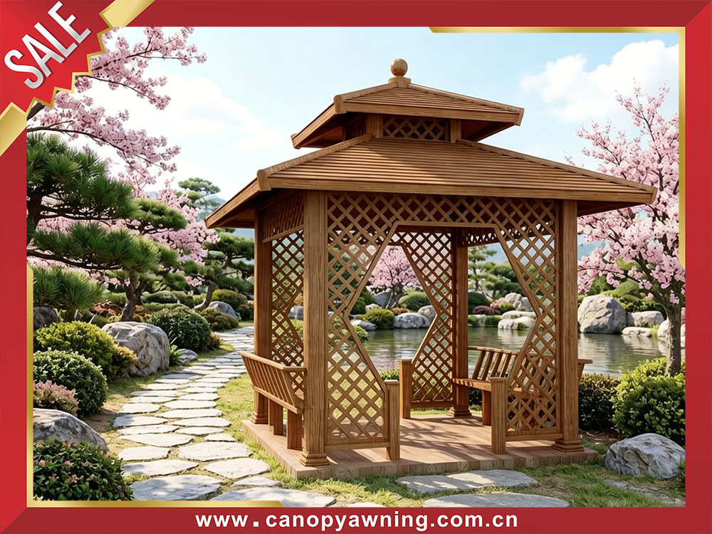 outdoor garden backyard Chinese antique style wood look aluminum pavilion gazebo canopy shelter 
