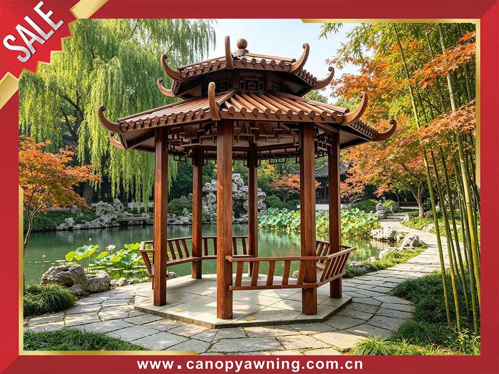 outdoor garden backyard Chinese antique style wood look aluminum pavilion gazebo canopy shelter 
