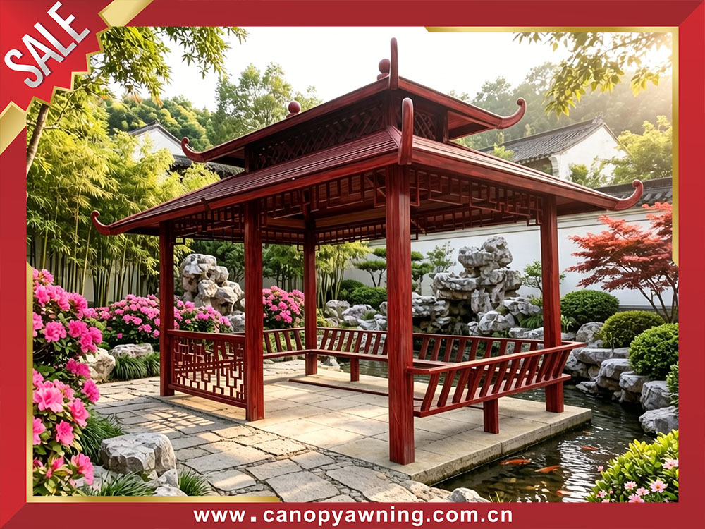 Garden backyard courtyard antique Chinese style wood look aluminum pavilion gazebo shelter for sales