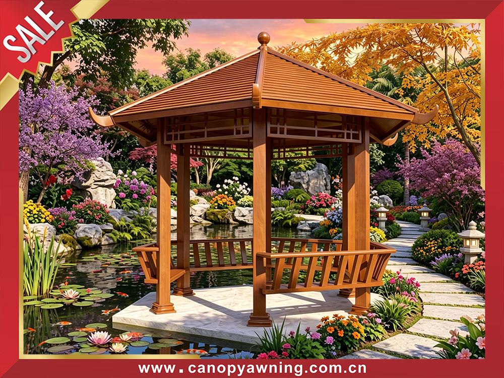 Garden backyard courtyard antique Chinese style wood look aluminum pavilion gazebo shelter for sales