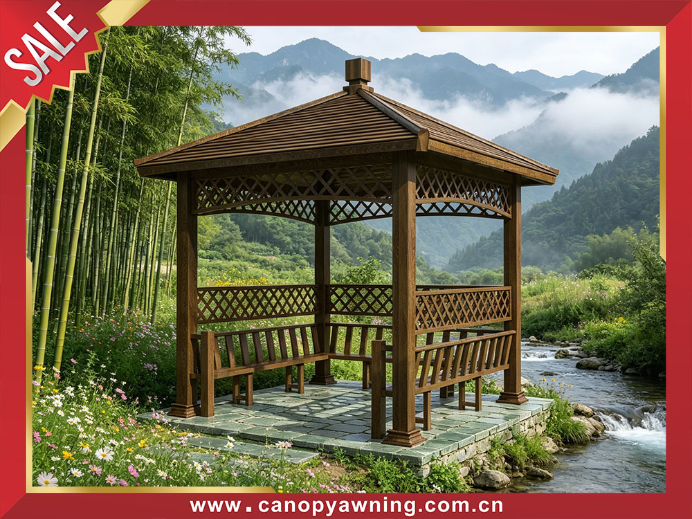 High quality outdoor courtyard wood look aluminum pavilion gazebo canopy shelter for sale