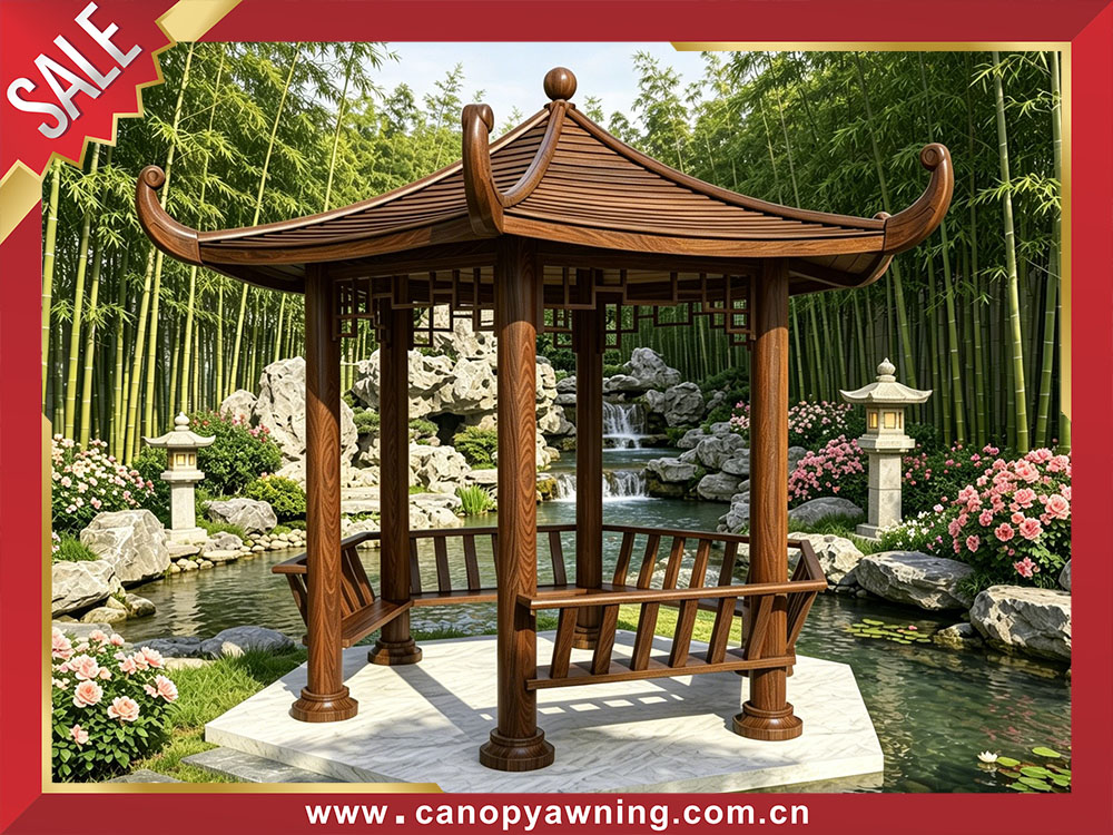 Outdoor backyard courtyard antique Chinese style wood look aluminium pavilion shelter gazebo for sale