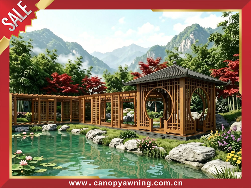 Outdoor garden courtyard classical Chinese style wood look aluminum pavilion gazebo shelter canopy
