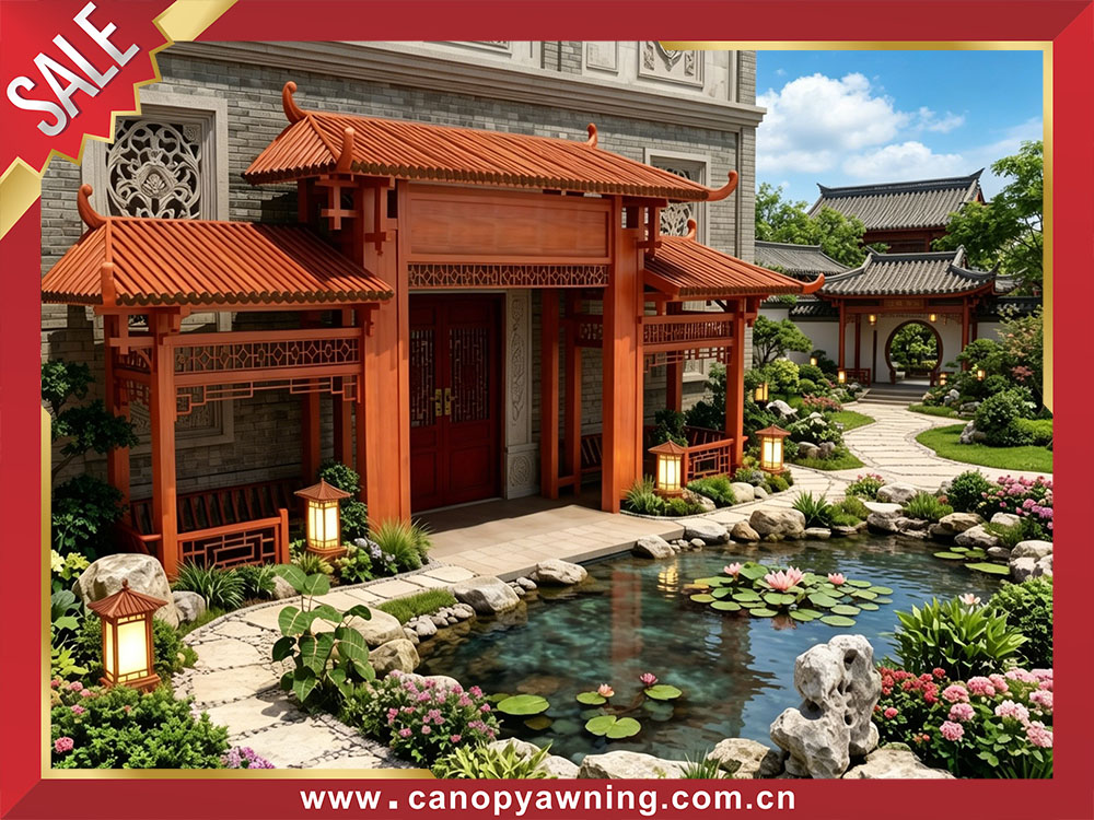 Outdoor classical Chinese-style aluminum wood look shelter entrance gate way