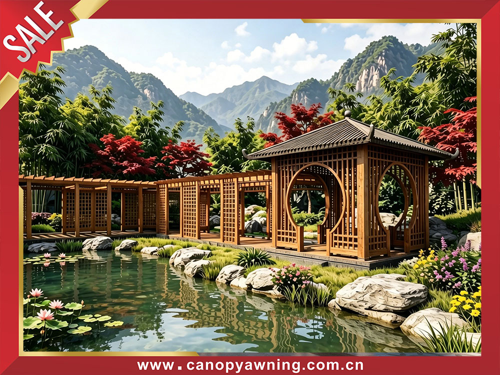 Outdoor garden courtyard classical Chinese style wood look aluminum pavilion gazebo shelter canopy