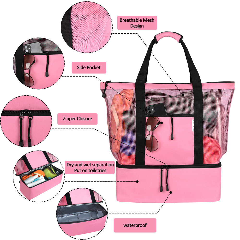 Insulated Cooler Beach Mesh Tote Bag 