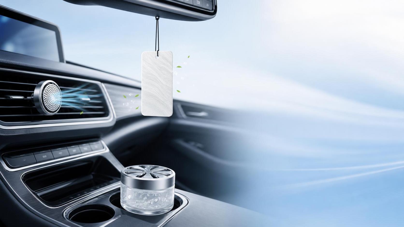 Comparaison des formats de désodorisants pour voiture : clips de ventilation, cartons suspendus et boîtes de gel