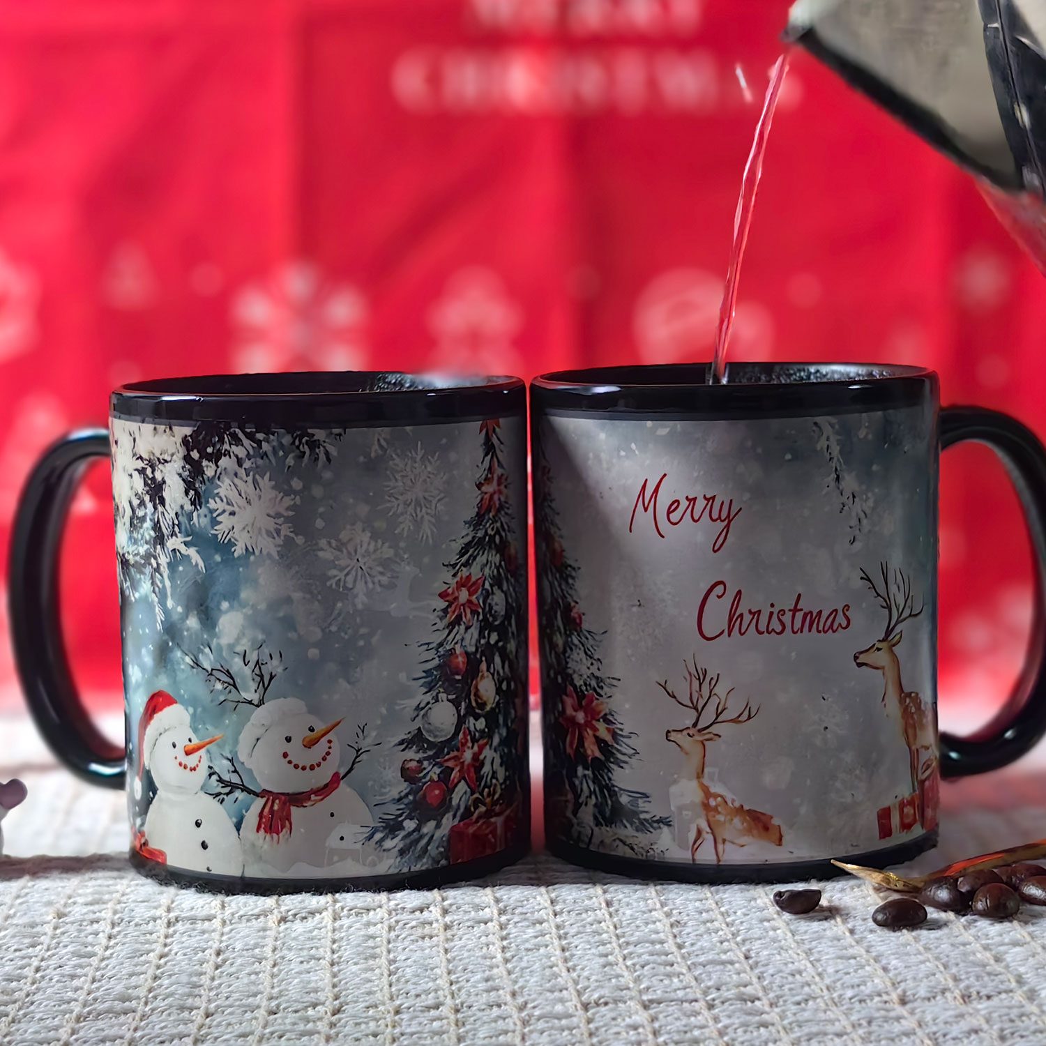 B11-Luche-Trees & Deer Snowman，Color Changing Mug Magic Mug.