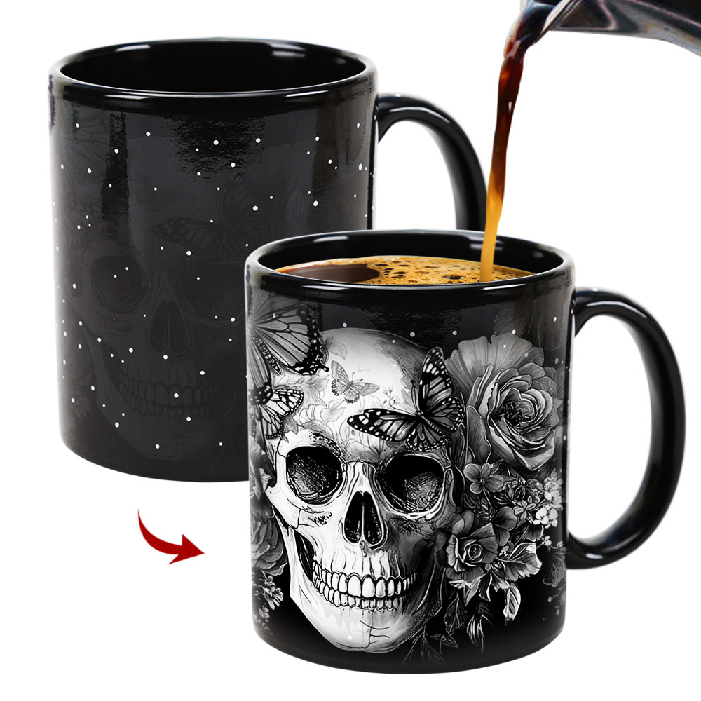 Starry-White Skull，Halloween Color Changing Mug Magic Mug.