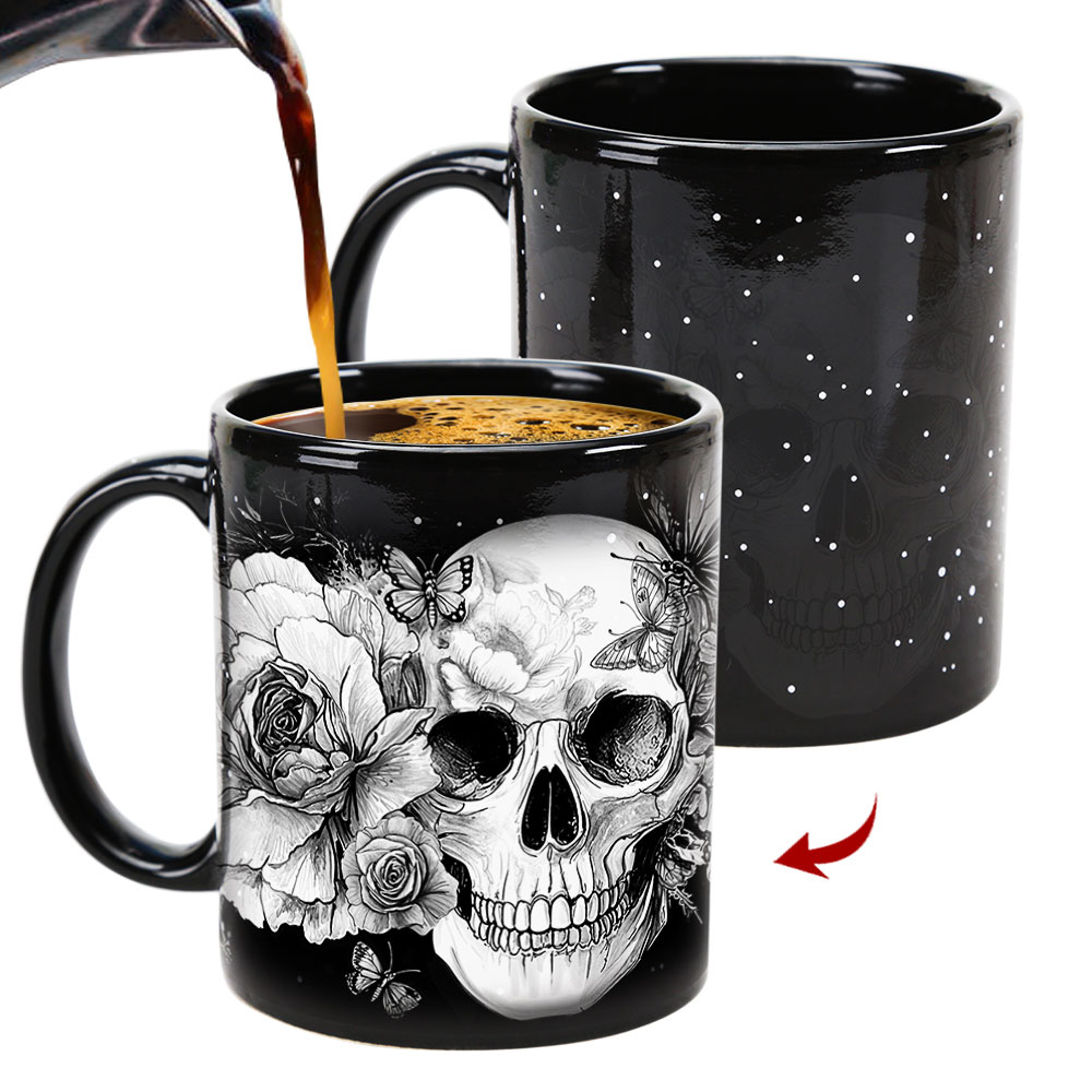 Starry-White Skull，Halloween Color Changing Mug Magic Mug.