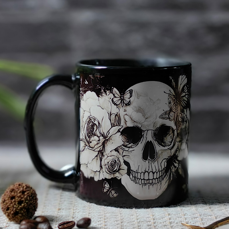 Starry-White Skull，Halloween Color Changing Mug Magic Mug.