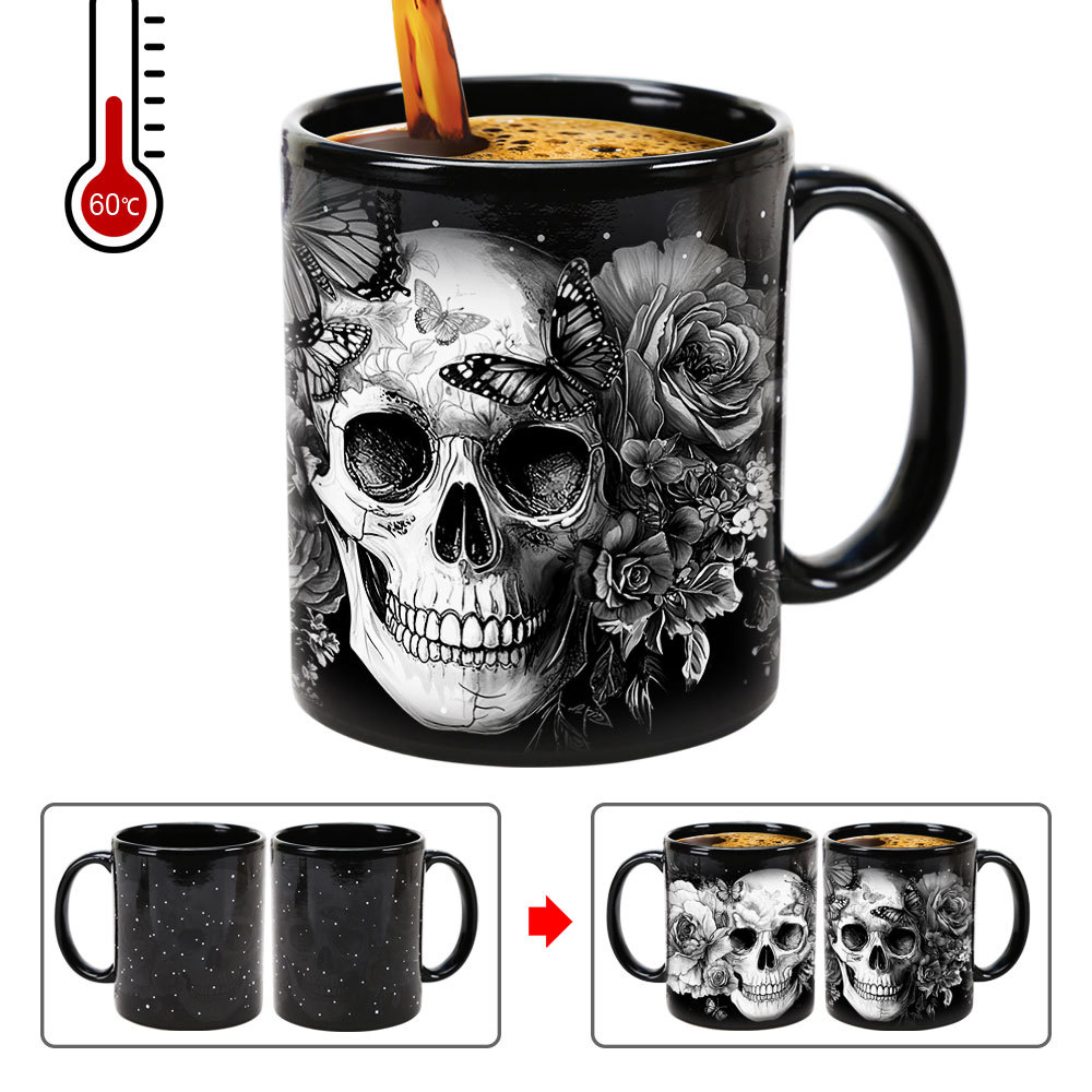 Starry-White Skull，Halloween Color Changing Mug Magic Mug.