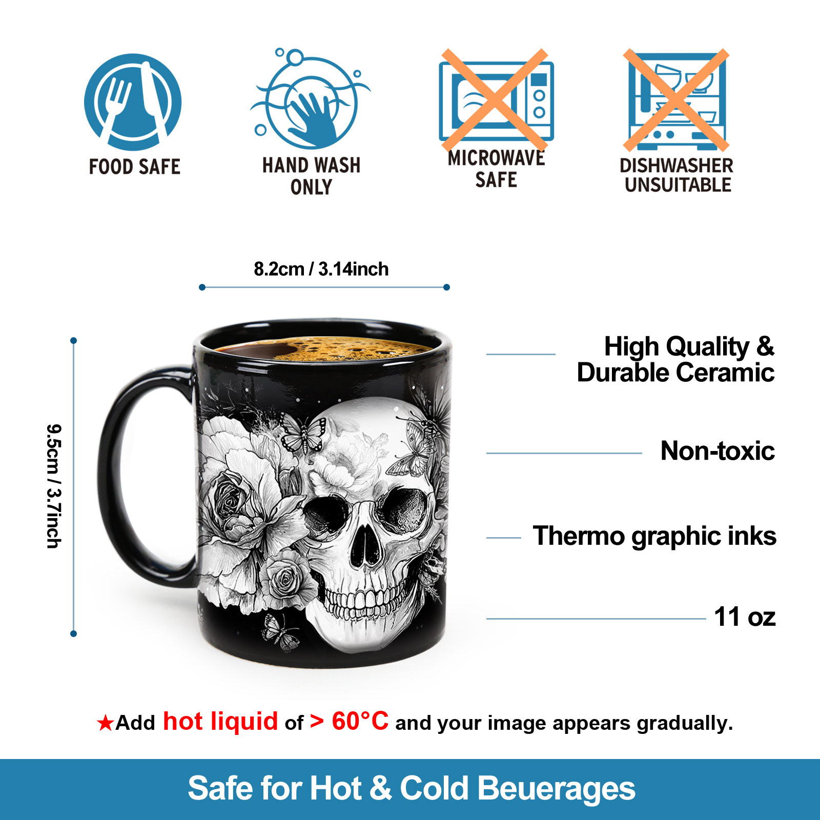 Starry-White Skull，Halloween Color Changing Mug Magic Mug.