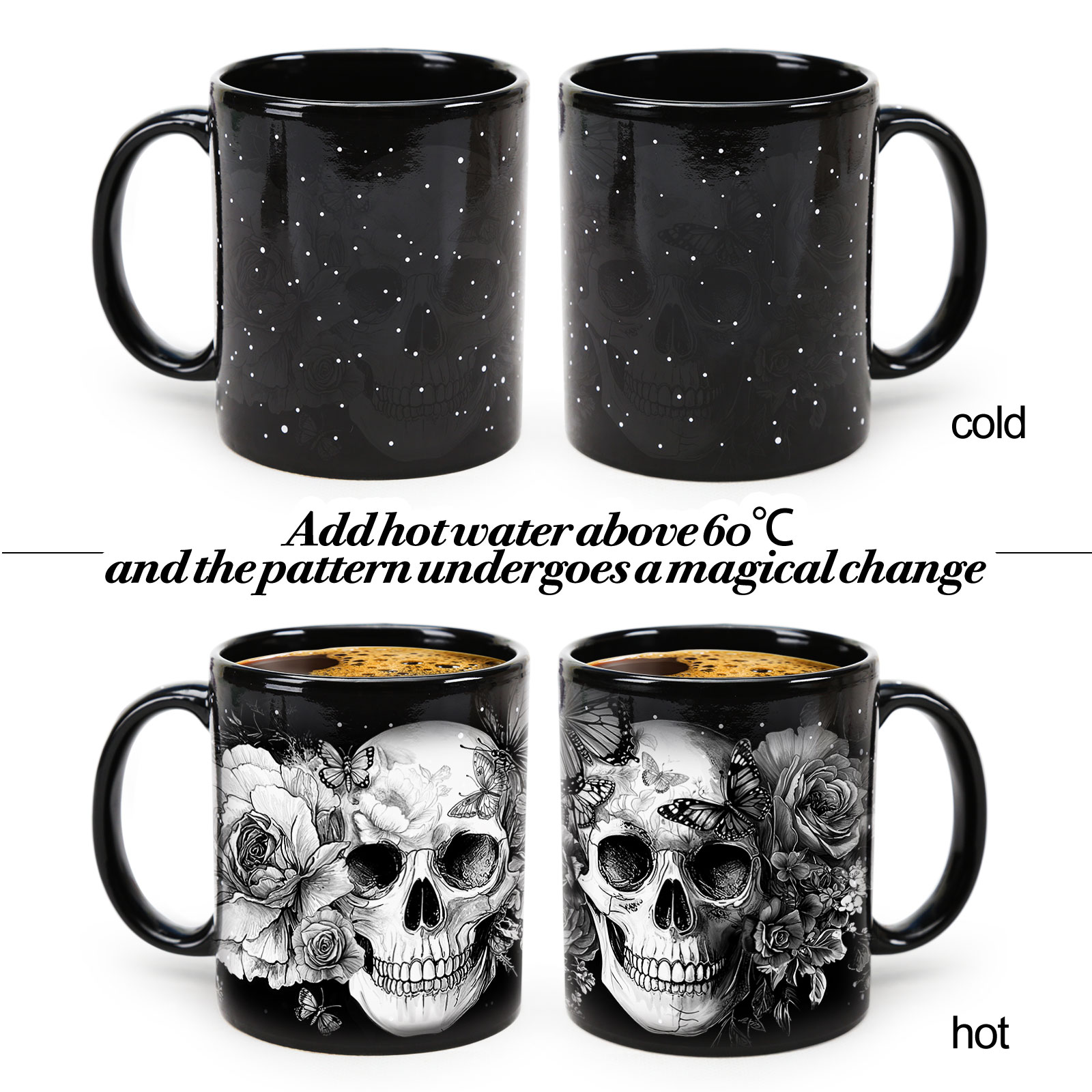Starry-White Skull，Halloween Color Changing Mug Magic Mug.