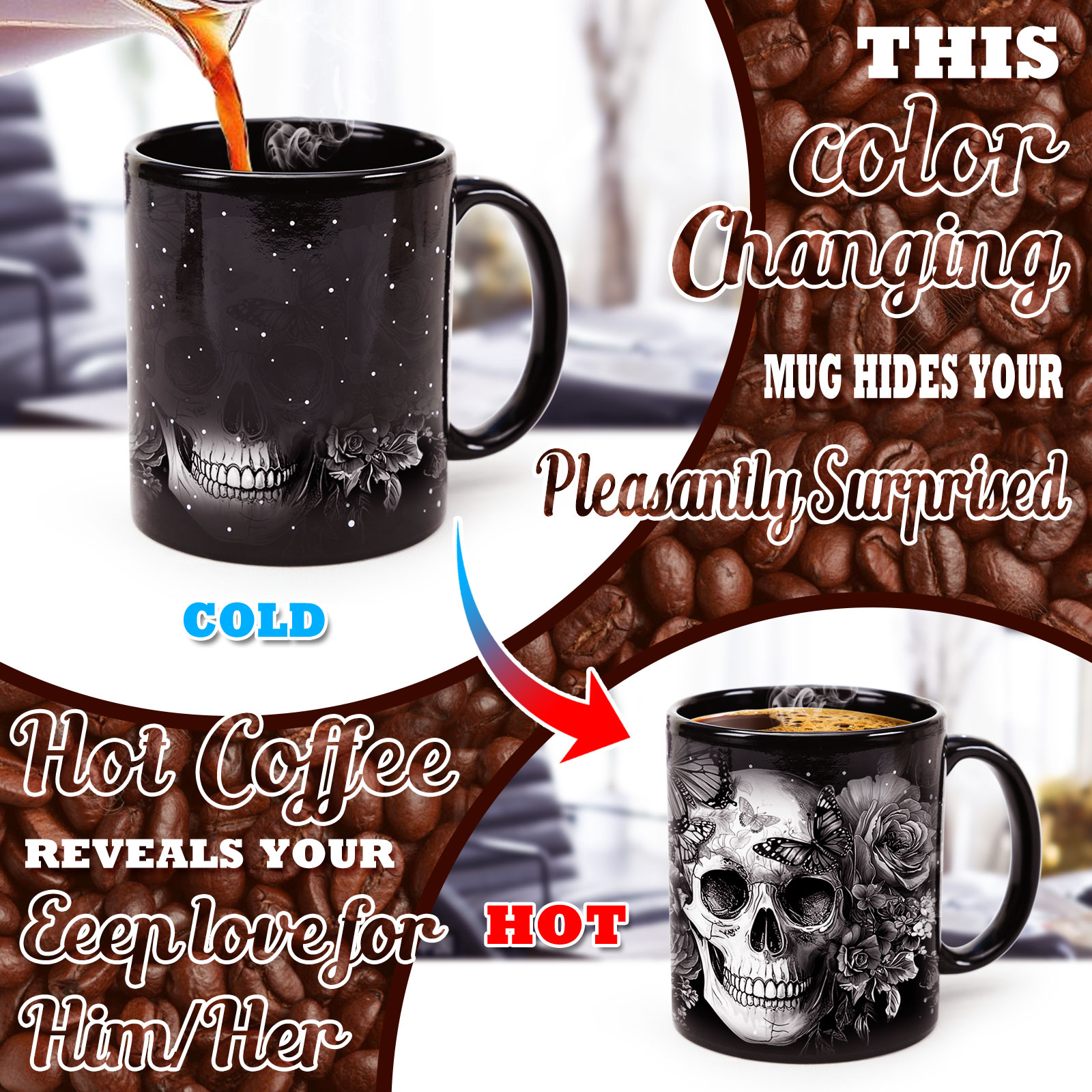 Starry-White Skull，Halloween Color Changing Mug Magic Mug.
