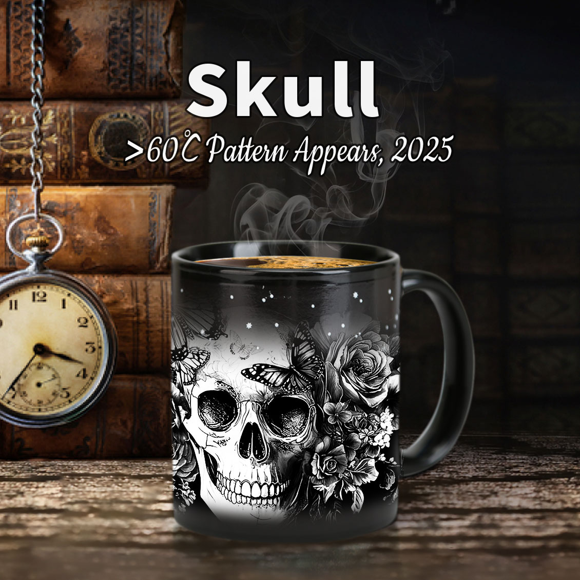 Starry-White Skull，Halloween Color Changing Mug Magic Mug.