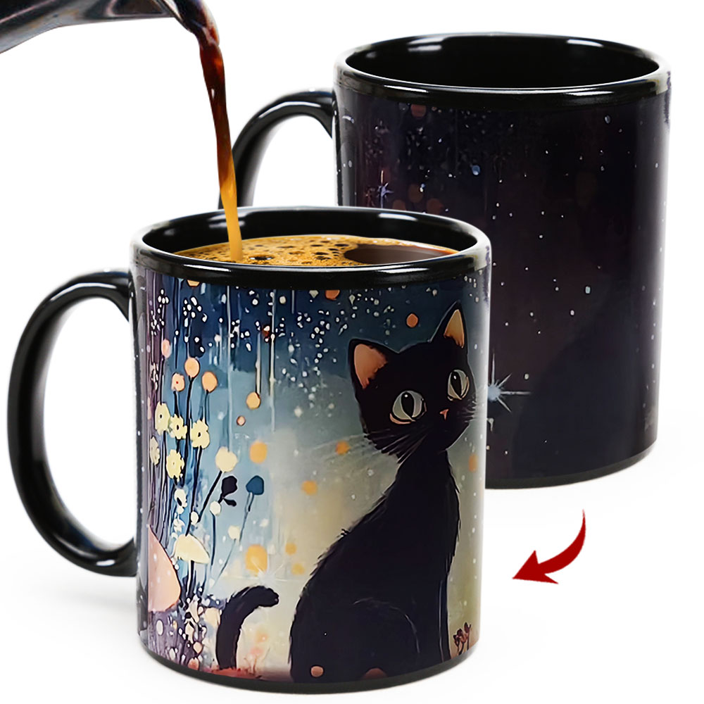 Mushroom Black Cat，animal Color Changing Mug Magic Mug.