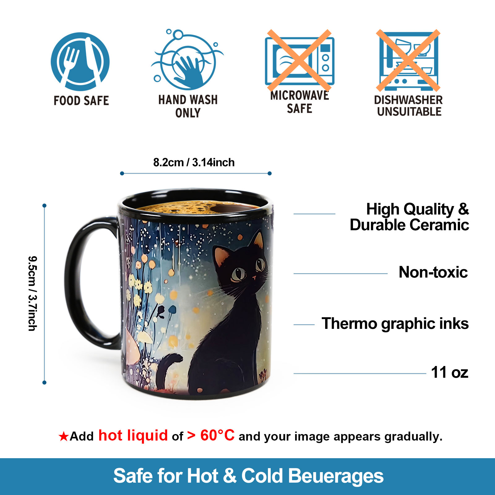 Mushroom Black Cat，animal Color Changing Mug Magic Mug.