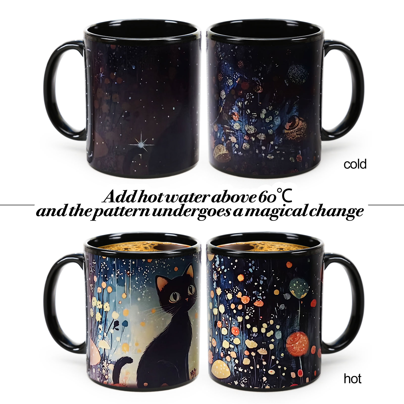 Mushroom Black Cat，animal Color Changing Mug Magic Mug.