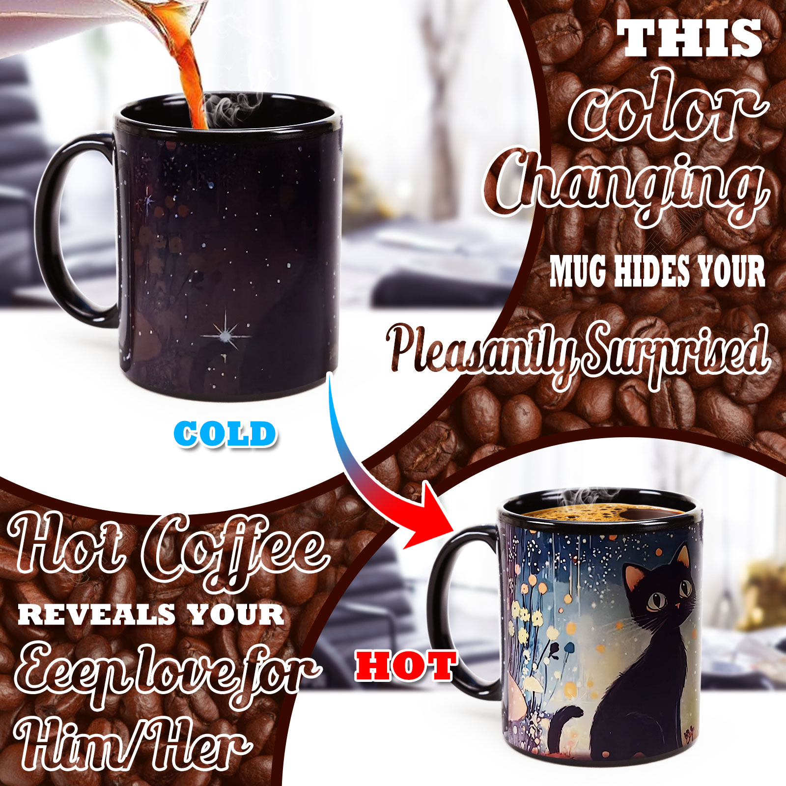 Mushroom Black Cat，animal Color Changing Mug Magic Mug.