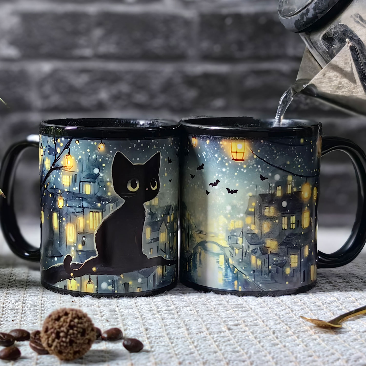 Town Black Cat，animal Color Changing Mug Magic Mug.
