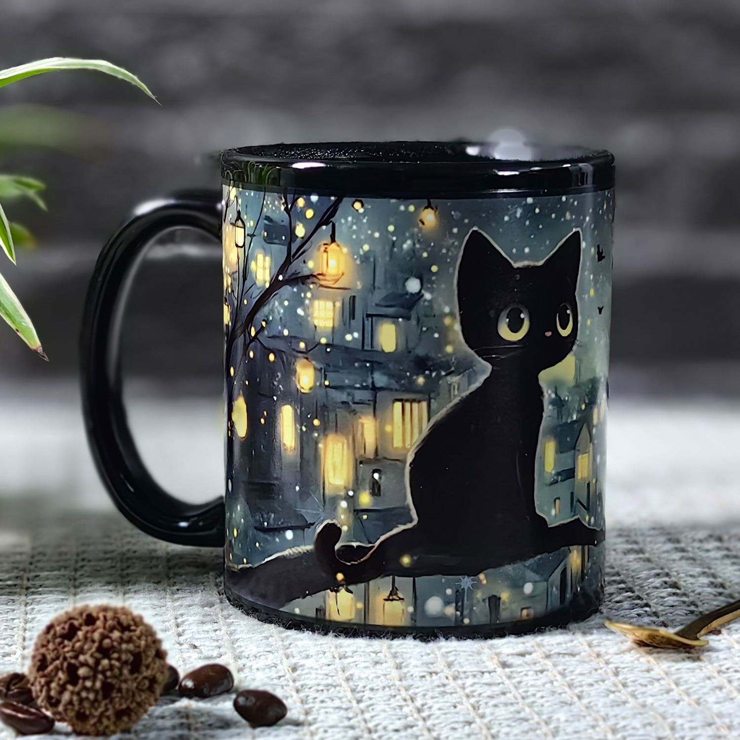 Town Black Cat，animal Color Changing Mug Magic Mug.