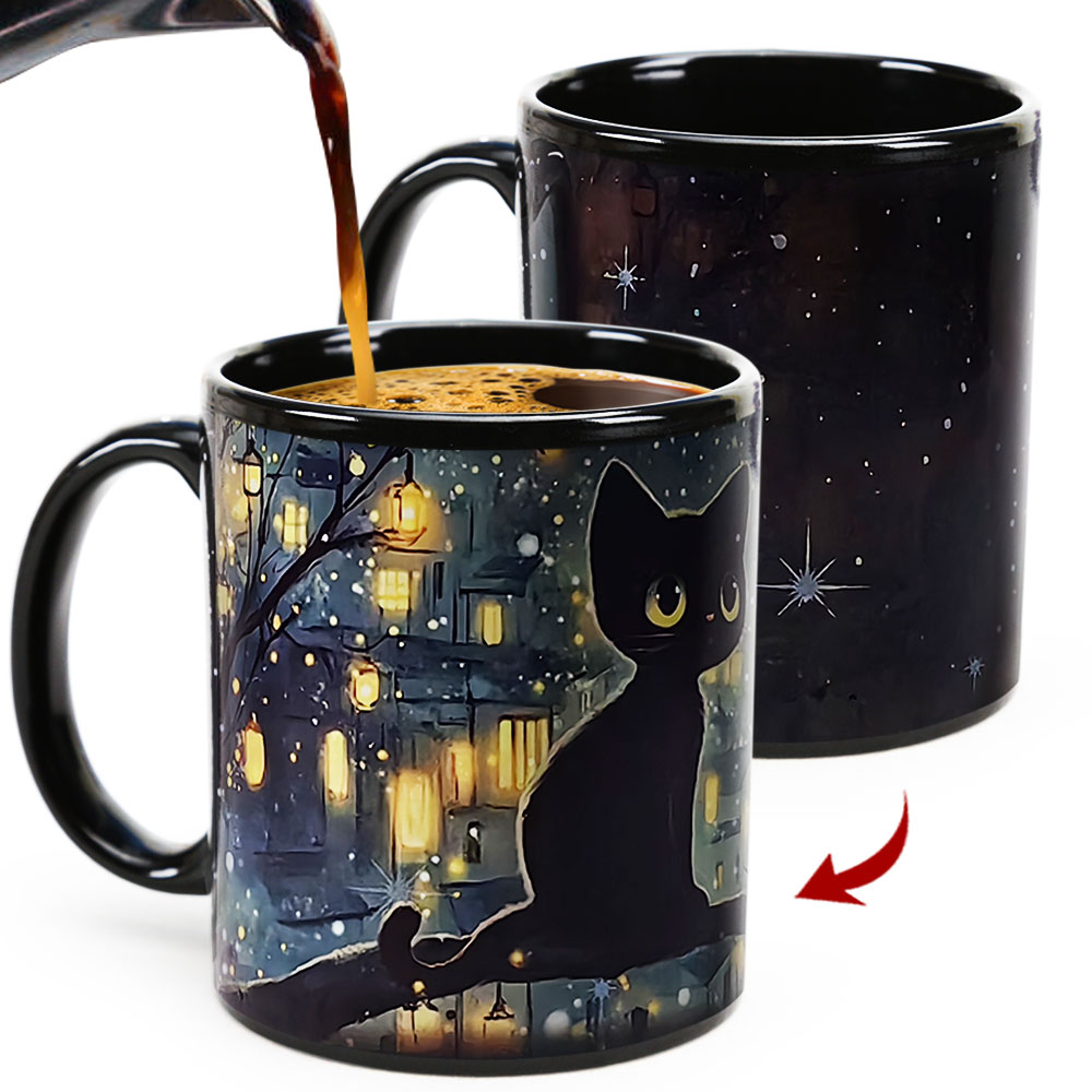 Town Black Cat，animal Color Changing Mug Magic Mug.